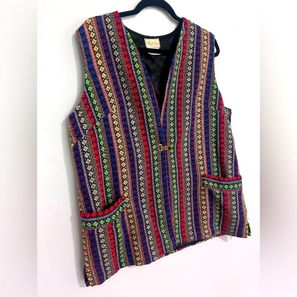 Vintage 1970s Ample Togs Mexican-Inspired Multicolored Boho Tunic Vest Rainbow